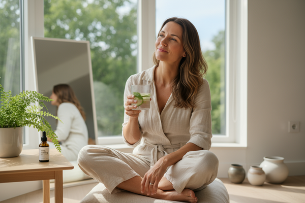 A high-end, hyper-realistic wellness photo symbolizing calm confidence and a simple, balanced lifestyle. Show a radiant woman in soft natural light, smiling gently with a relaxed, confident posture — perhaps seated by a bright window or mirror, wearing light neutral clothing. Include subtle natural details like a glass of infused water, a small bottle of herbal drops, or greenery in the background. The mood should feel effortless, clean, and uplifting — representing self-assurance, simplicity