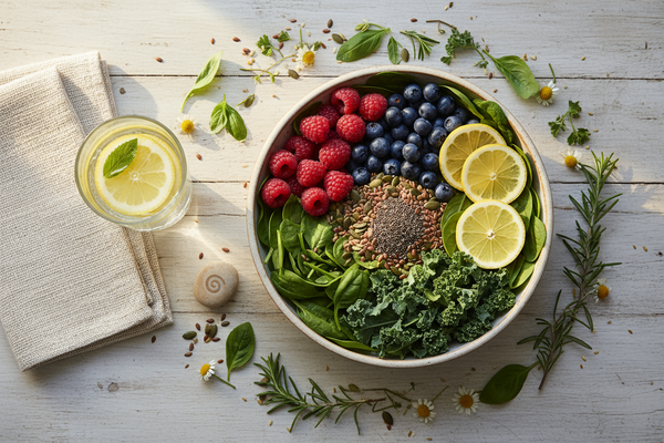A hyper-realistic, high-end wellness flat lay symbolizing balanced appetite and mindful nutrition. Include a bowl of fresh, colorful whole foods like berries, leafy greens, lemon slices, and seeds arranged neatly on a wooden table with warm natural light. Add subtle touches like a glass of water with lemon, a linen napkin, and scattered herbal leaves to tie in the natural theme. The mood should feel calm, clean, and energizing — representing steady energy, reduced cravings, and healthy weight balance. 