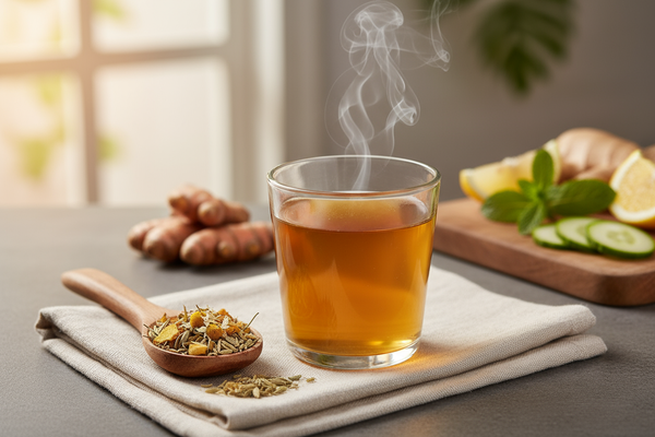 A hyper-realistic wellness scene showing a soothing, spa-like setup focused on digestion and gut balance. Include a glass of herbal infusion with soft steam rising, a wooden spoon of dried herbs beside it, and a linen cloth for a natural touch. In the background, include gentle hints of roots, green leaves, or a cutting board with sliced herbal ingredients. Use warm daylight tones, clean composition, and a calm, health-focused mood — symbolizing inner balance, comfort, and reduced bloating. 1:1 ratio, edito